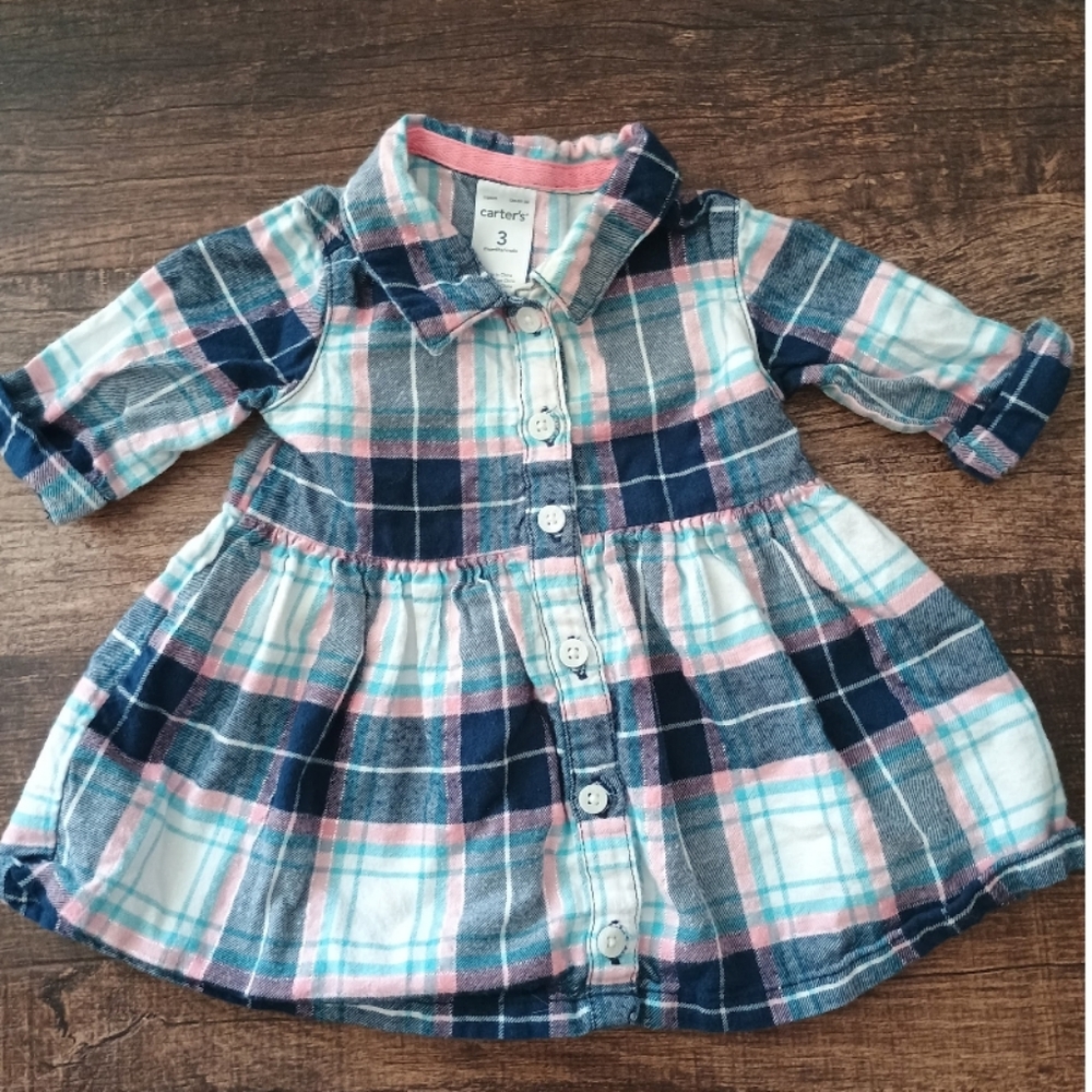 Carter's baby girl plaid flannel long sleeve dress tunic 3 months button sparkle